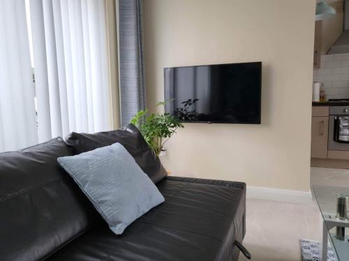 a black leather couch in a living room with a television at Ross Mill in Belfast