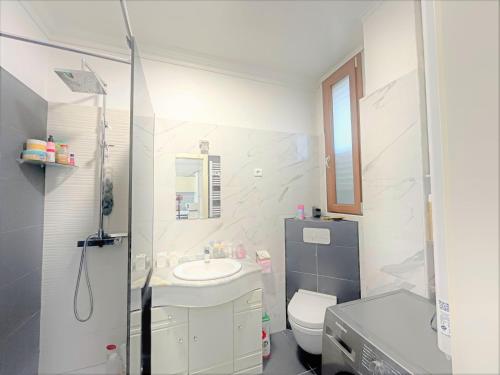 een witte badkamer met een wastafel en een toilet bij Apartment beach acces Theoule sur mer in Théoule-sur-Mer