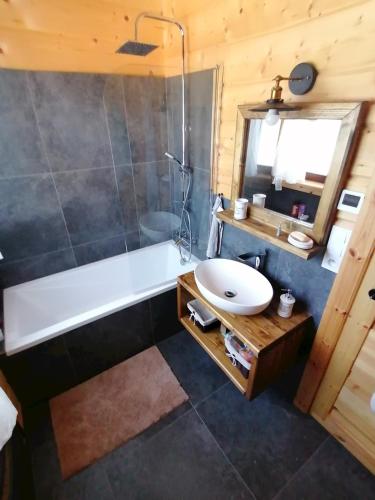 a bathroom with a tub and a sink and a bath tub at Chata Klaudi a Vilko in Veľký Slavkov