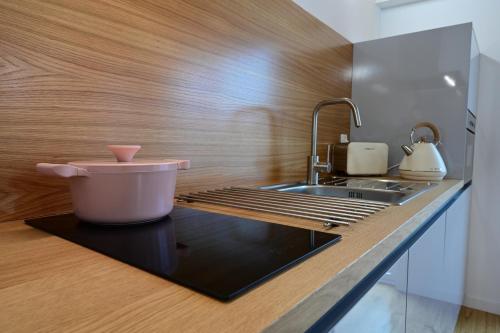 uma cozinha com um lavatório e uma bancada em Casa do Pó, Alojamento Local em Lamego