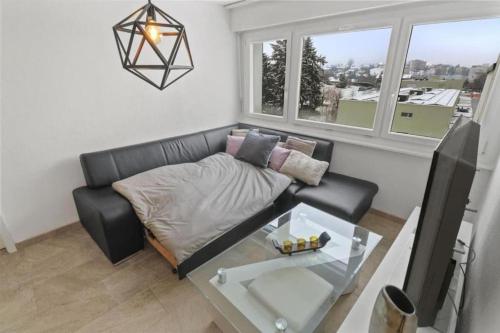 uma sala de estar com um sofá e uma mesa em Logement cosy avec parking couvert gratuit em Fribourg