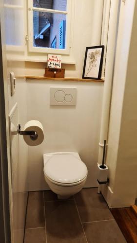 a small bathroom with a toilet and a window at Swiss Holiday Apartments in Spiez