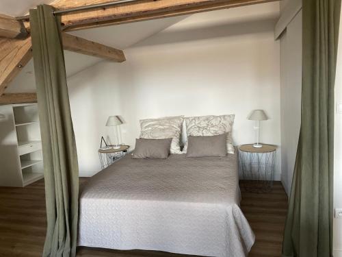 ein Schlafzimmer mit einem Bett und zwei Lampen an Tischen in der Unterkunft STUDIO 40 m² avec parking in Montauban
