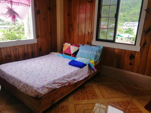 een klein bed in een kamer met 2 ramen bij Inn Maugay Bed and Bath in Sagada