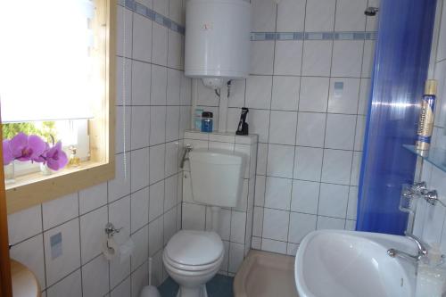 małą łazienkę z toaletą i umywalką w obiekcie Bungalow "Heimliche Liebe" w mieście Bansin