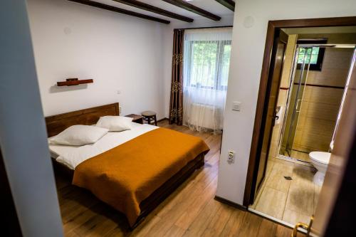 a bedroom with a bed and a bathroom with a toilet at Pensiunea Romconcord in Bălceşti