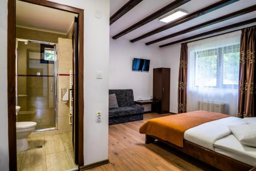 1 dormitorio con 1 cama y baño con ducha en Pensiunea Romconcord, en Bălceşti