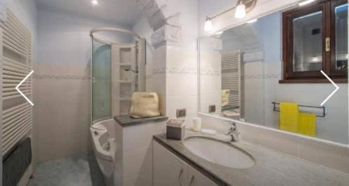 a bathroom with a sink and a toilet and a mirror at Villa Caterina in Perledo