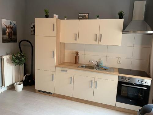 uma cozinha com armários brancos, um lavatório e um fogão em Stadtnah an der Förde 51 HH em Flensburg