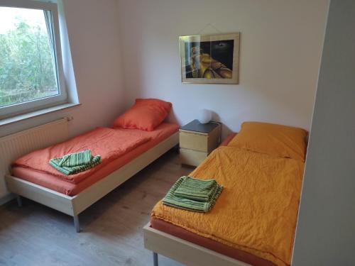 a bedroom with two beds and a window at Monteursunterkunft Nidderau-Windecken (20 km Hanau, 30 km Frankfurt) in Nidderau