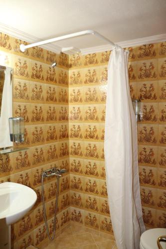 a bathroom with a shower curtain and a sink at Kotza Ntere in Axioúpolis