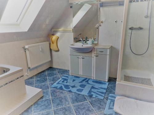 a bathroom with a sink and a shower and a sink at Ferienwohnung am Schweriner See in Retgendorf