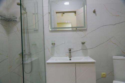 een badkamer met een wastafel, een douche en een spiegel bij Lika's apartment with a marvelous view in Tbilisi City