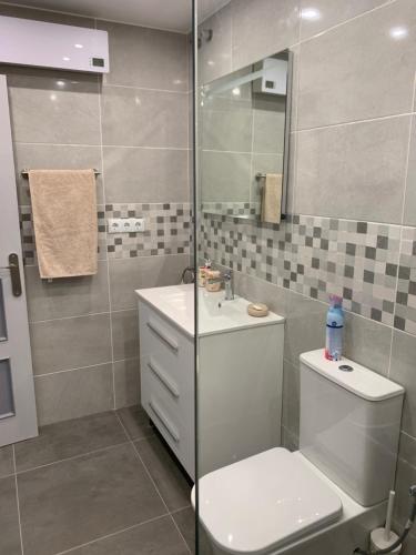 y baño con ducha, aseo y lavamanos. en Casa Cadi, en Orihuela