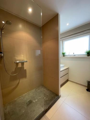 Un baño con ducha con puerta de cristal en Appartement Seaview, en Koksijde