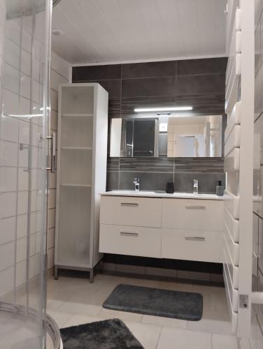 une salle de bain avec un lavabo blanc et une douche dans l'établissement auxhirondelles, à Pouilly-sous-Charlieu