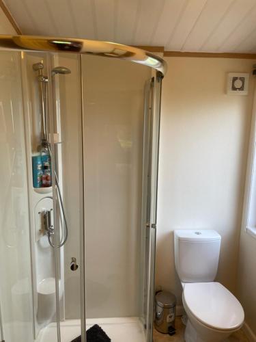 a bathroom with a shower and a toilet at Immaculate 3-Bed Lodge in Otley in Otley