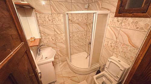 La petite salle de bains est pourvue d'une douche et de toilettes. dans l'établissement Zivera Bungalov, à Trabzon