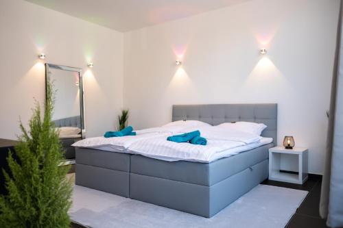 a bedroom with a large bed and a mirror at Klassen Apartments! Erleben Sie Biberach in diesem Stilvollem Bungalow mit Charme und Komfort in Biberach an der Riß