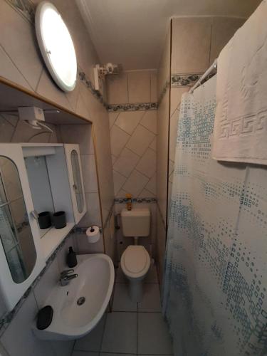 a small bathroom with a sink and a toilet at Timbi Vendégház in Vonyarcvashegy