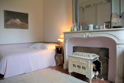 1 dormitorio con 1 cama y chimenea en Le Perchoir, en Cosne-Cours-sur-Loire