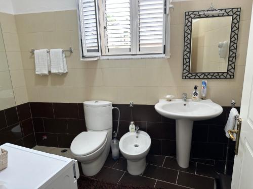 La salle de bains est pourvue de toilettes et d'un lavabo. dans l'établissement Andrea House, à Berat