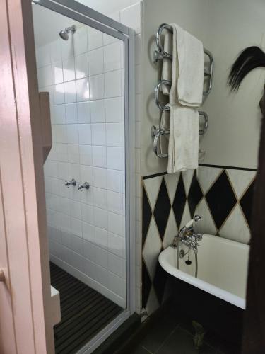a bathroom with a shower and a sink and a toilet at Cleopatra Mountain Farmhouse in Fort Nottingham