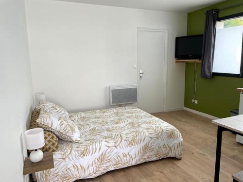 a bedroom with a bed and a flat screen tv at Studio indépendant in Andilly-les-Marais