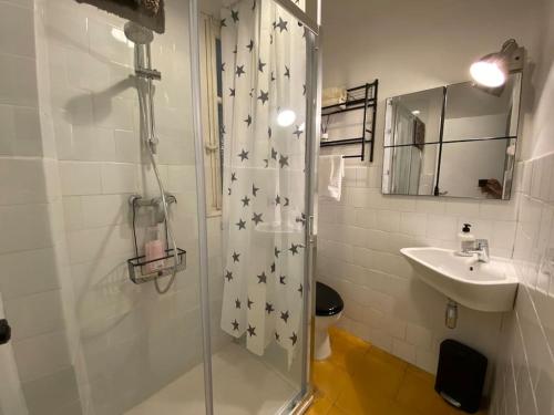 La salle de bains est pourvue d'une douche avec des étoiles sur le rideau de douche. dans l'établissement Six wine lovers in Logroño, à Logroño