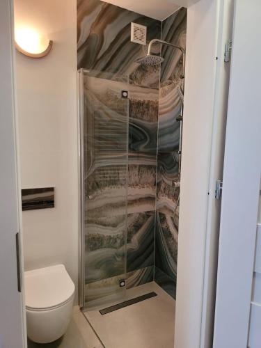 a shower stall in a bathroom with a toilet at Apartamenty Planeta 105, 108 Mielno - parking w cenie pobytu in Mielno