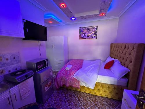 a bedroom with a bed with purple lights on it at Mabelajoy Palmgarden BnB in Nakuru