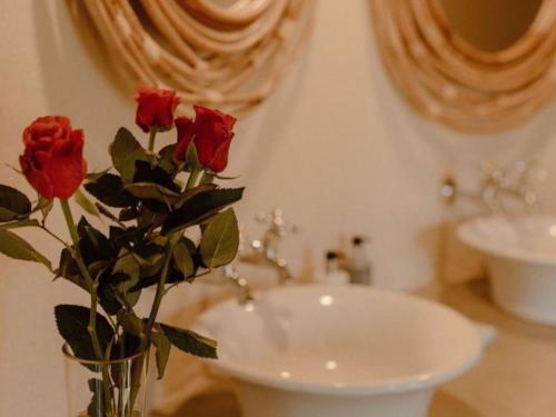 a vase with roses in it next to a sink at Nyala Safari Lodge in Hoedspruit