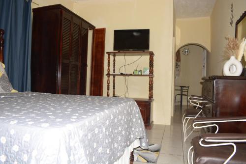a bedroom with a bed and a dresser and a television at Cozy Oasis Studio in Portmore