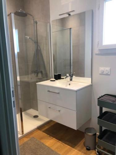 une salle de bain blanche avec une douche et un lavabo dans l'établissement Petit Gîte de Javernières Rez de jardin, à Villié-Morgon