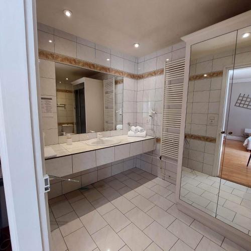 a bathroom with a shower and a sink and a mirror at Manoir Les Cèdres in Corbehem
