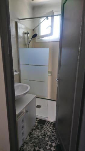 a small bathroom with a sink and a shower at Maison familiale à 10 min du Mont Saint Michel in Pontorson