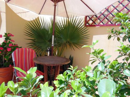 a table and two chairs under an umbrella with plants at Casa Rural Jardín del Desierto in Tabernas