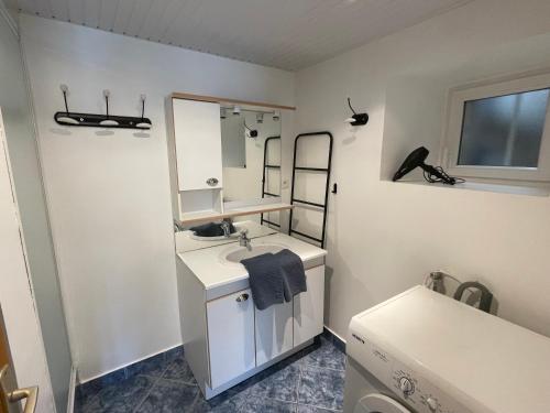a bathroom with a sink and a mirror at Domaine des Trois Rivières in Merlevenez