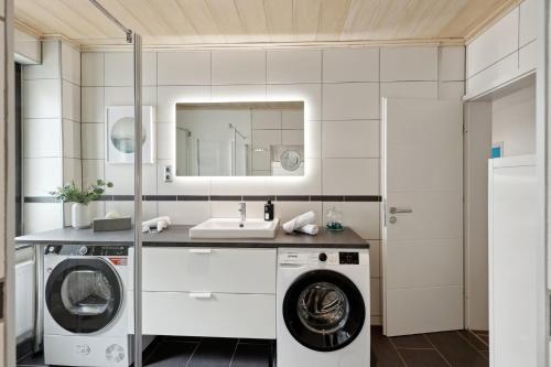 居特斯洛的住宿－Großzügige & Moderne Wohnung - Wifi - Terrasse，一间带洗衣机和水槽的浴室