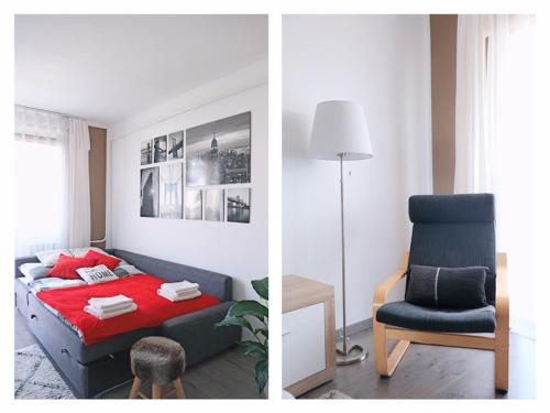 2 fotos de un dormitorio con cama y silla en Design-S Apartment 4you en Budapest