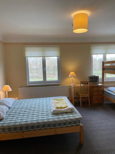 1 Schlafzimmer mit einem Bett, einem Schreibtisch und 2 Fenstern in der Unterkunft Hilda Villa in Viljandi