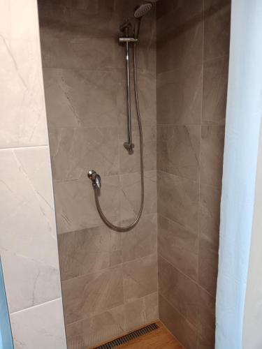 a shower with a shower head in a bathroom at Horská bouda Krakonoš in Pec pod Sněžkou