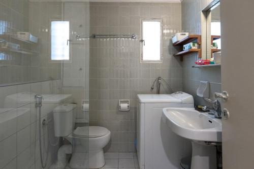 uma casa de banho com um WC e um lavatório em Classy spacious central appartment em Volos