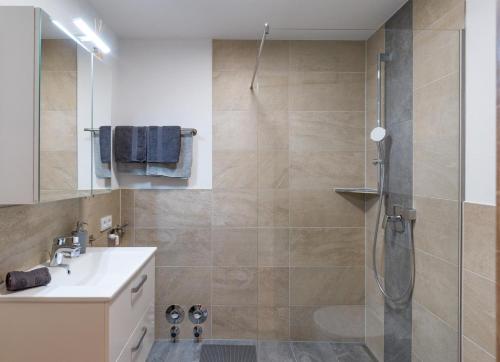 La salle de bains est pourvue d'une douche et d'un lavabo. dans l'établissement Haus Brixenbach, à Brixen im Thale