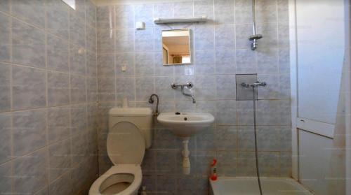 La salle de bains est pourvue de toilettes et d'un lavabo. dans l'établissement Tornácos Vendégház - Kismarja, à Kismarja