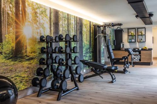 a gym with a wall of dumbbells and fitness equipment at Hotel Nordik Adults Only - Over 14 in Andalo