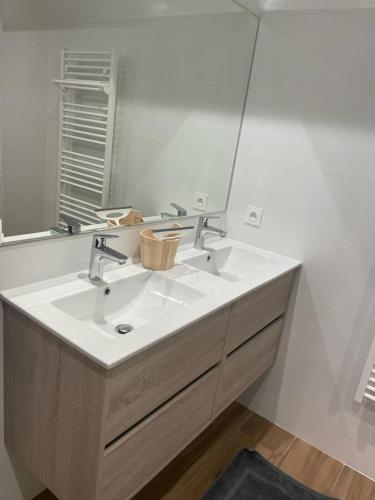 a bathroom with a sink and a mirror at Gîte de l’Ambiance in Francheville