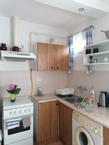 a small kitchen with a sink and a stove at Úrrétje Vendégház in Debrecen