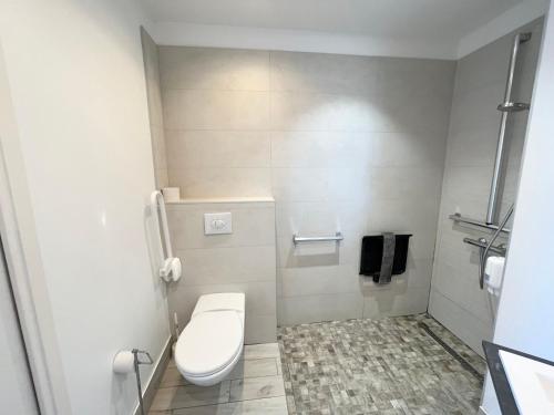 a small bathroom with a toilet and a shower at Brasilia Hôtel in Palavas-les-Flots