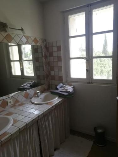 une salle de bain avec deux lavabos et un grand miroir dans l'établissement Mas de la Digue, Châteaurenard, 6 chambres, 5 sdb., à Châteaurenard
